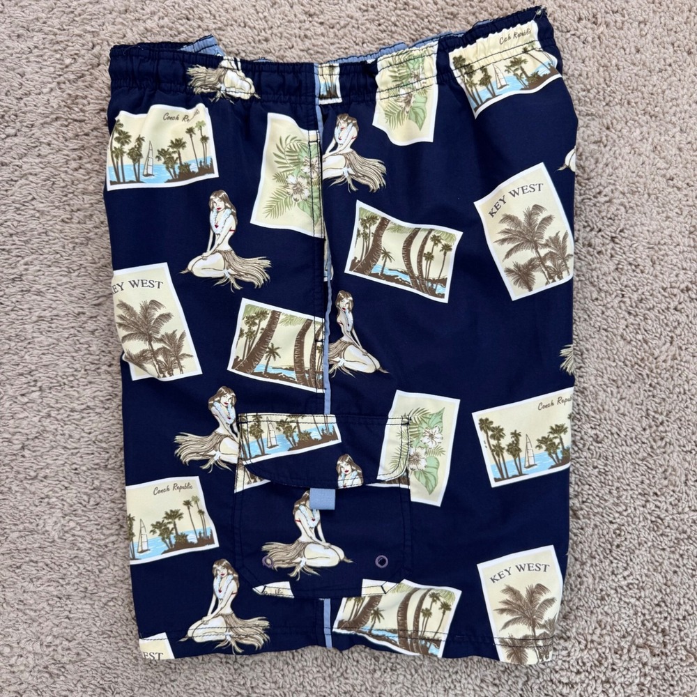 Joe Marlin Swim Trunks Mens‎ L Blue Hula Girl Key West Print Side Pockets Shorts - Picture 3 of 10